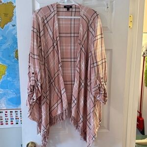 torrid Dusty Pink Plaid Fringe Kimono Cardigan